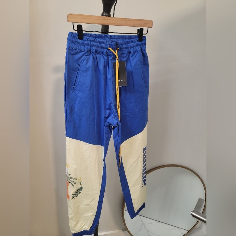 Rhude Blue and Cream Colorblock Track Pants with Yellow Drawstring
